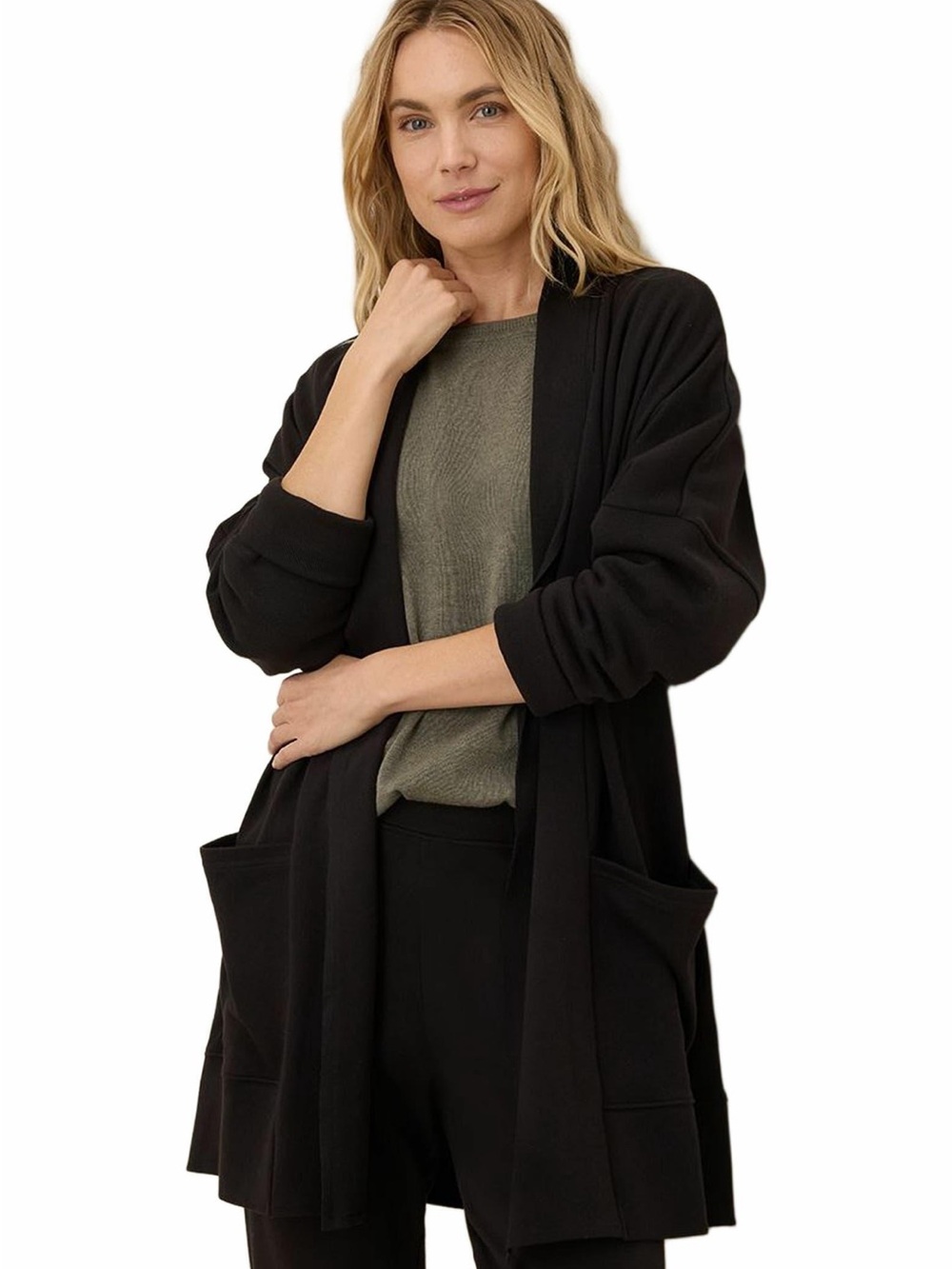 Pact Airplane Wrap Cardigan XL XXL Black Organic Cotton Draped Travel